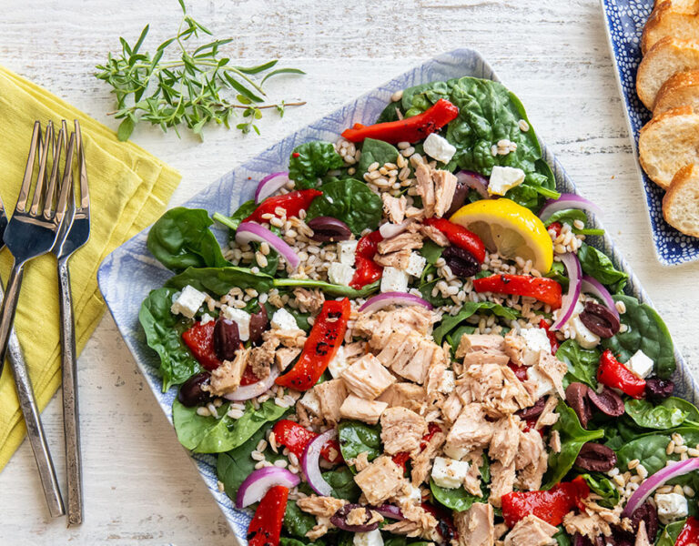 Lemon & Herbes De Provence Tuna, Farro, Red Pepper, And Spinach Salad